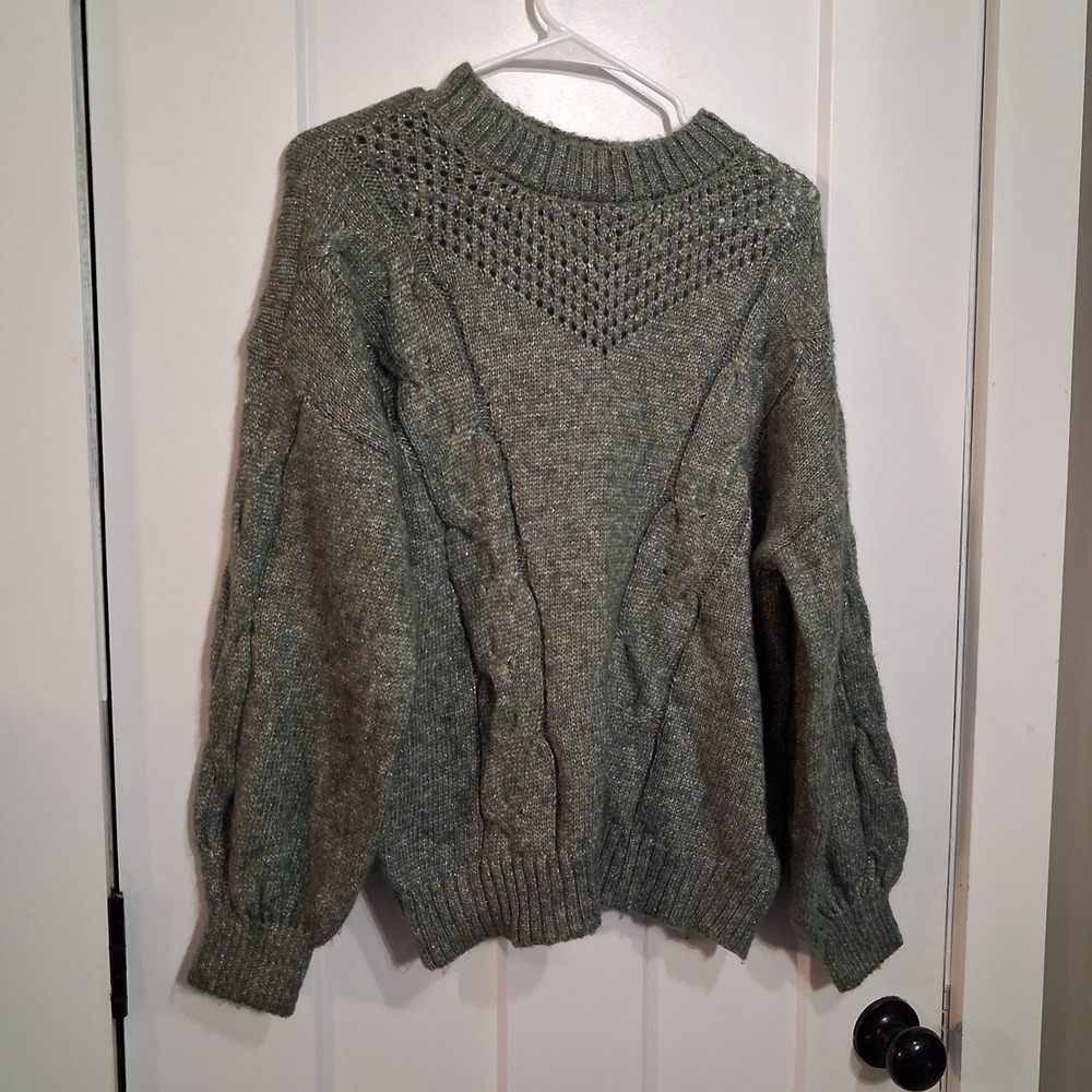 LC Lauren Conrad Sweater Women XL Green Metallic Cable Knit Pointelle Shimmer